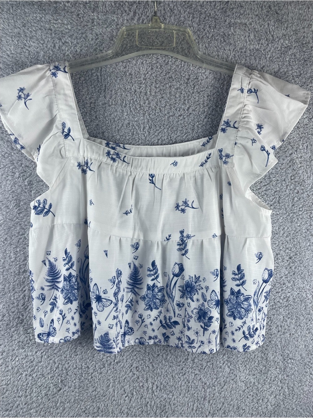 SHEIN White Crop Top with Blue Botanical Print and Flutter Sleeves